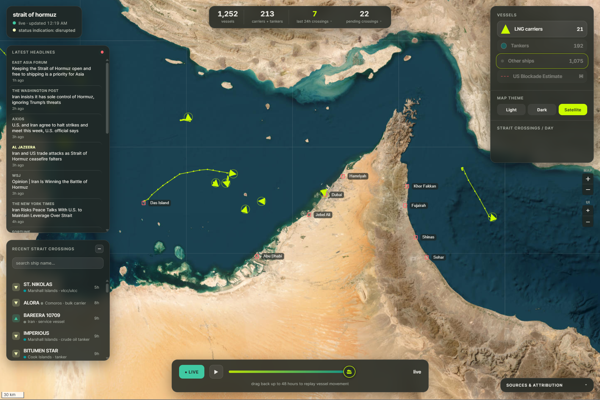Hormuz Tracker: live satellite map of Strait of Hormuz ship traffic and strait status